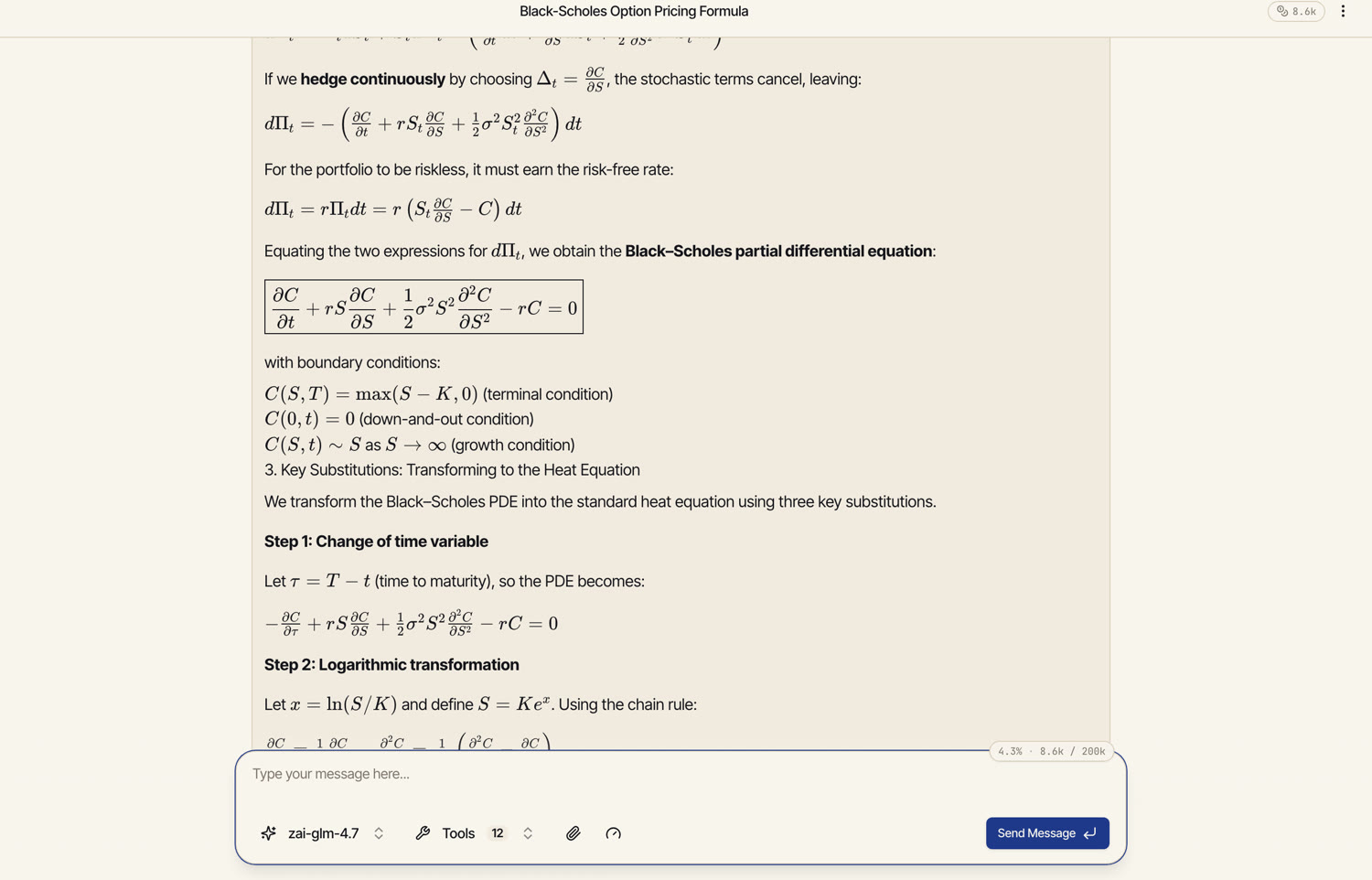 Catalyst rendering the Black-Scholes derivation with fully typeset math