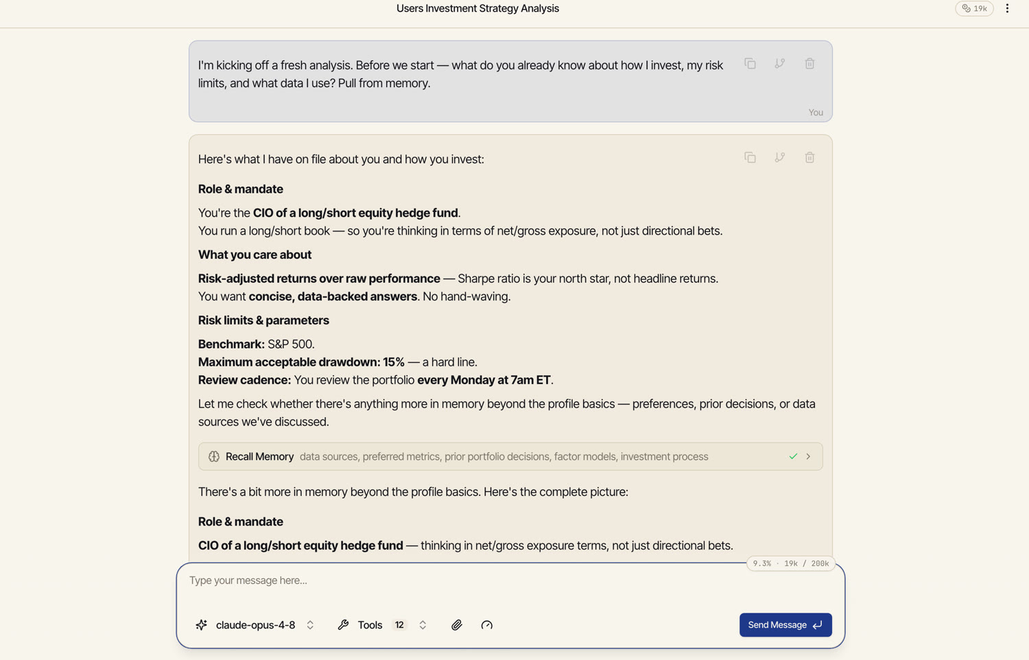 Catalyst recalling the user's profile and facts in a fresh chat via recall_memory